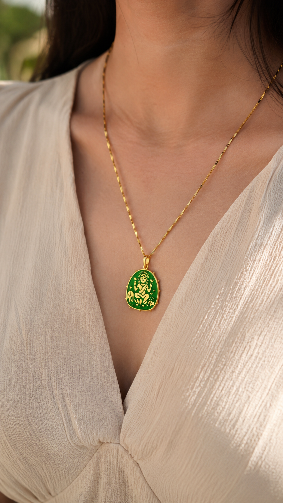 Lakshmi Pendant - Green (With Chain)
