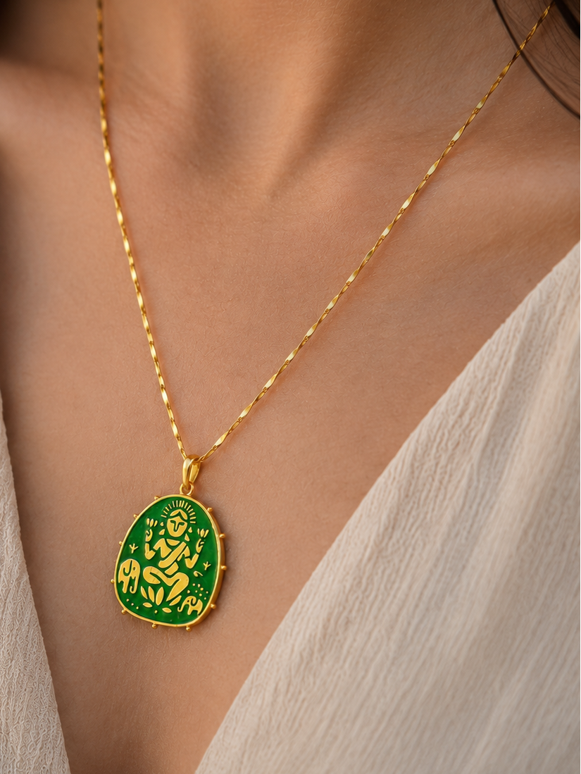 Lakshmi Pendant - Green (With Chain)