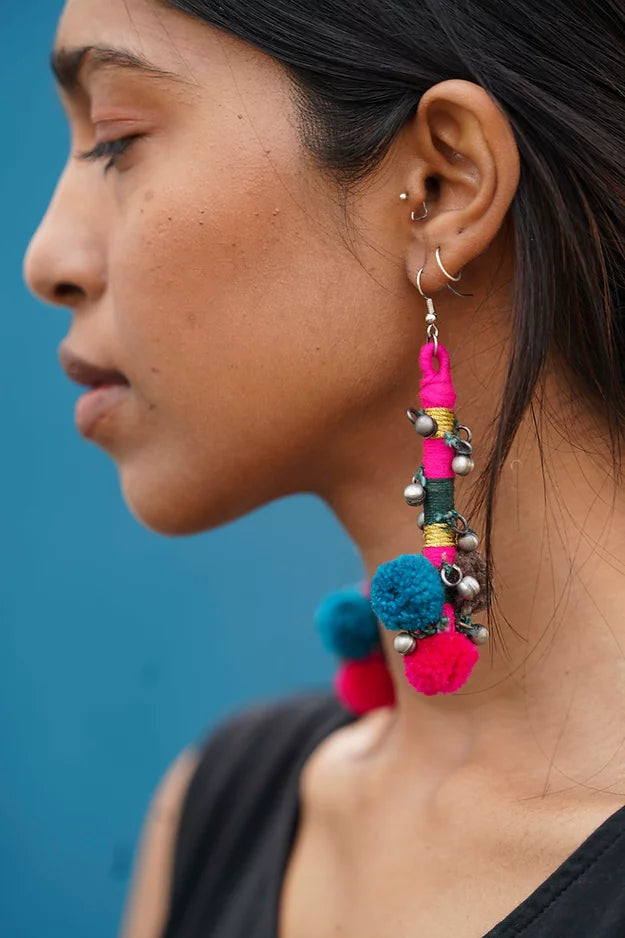 Combo of 2 Multicolour Feather & Blue with Red Pom Pom Earrings